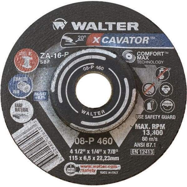 WALTER Surface Technologies - 16 Grit, 4-1/2" Wheel Diam, 1/4" Wheel Thickness, 7/8" Arbor Hole, Type 27 Depressed Center Wheel - Aluminum Oxide, Resinoid Bond, 13,300 Max RPM - USA Tool & Supply