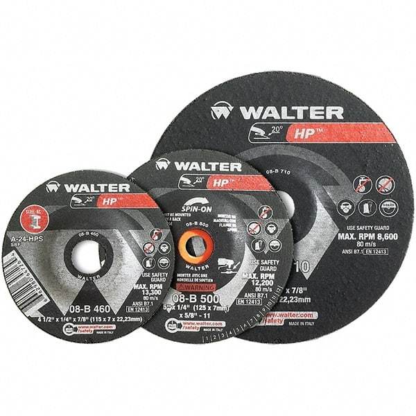 WALTER Surface Technologies - 24 Grit, 9" Wheel Diam, 1/4" Wheel Thickness, Type 28 Depressed Center Wheel - Aluminum Oxide, Resinoid Bond, 6,600 Max RPM - USA Tool & Supply