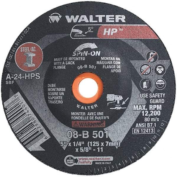 WALTER Surface Technologies - 24 Grit, 5" Wheel Diam, 1/4" Wheel Thickness, Type 28 Depressed Center Wheel - Aluminum Oxide, Resinoid Bond, 12,200 Max RPM - USA Tool & Supply