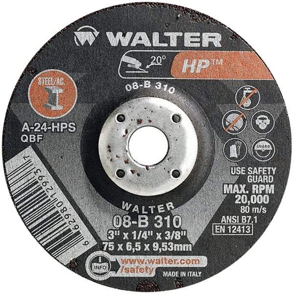 WALTER Surface Technologies - 24 Grit, 3" Wheel Diam, 1/4" Wheel Thickness, 3/8" Arbor Hole, Type 27 Depressed Center Wheel - Aluminum Oxide, Resinoid Bond, 20,000 Max RPM - USA Tool & Supply