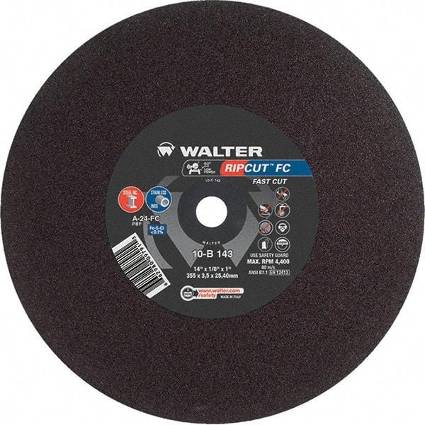 WALTER Surface Technologies - 14" 24 Grit Aluminum Oxide Cutoff Wheel - 1/8" Thick, 1" Arbor, 4,400 Max RPM, Use with Stationary Tools - USA Tool & Supply