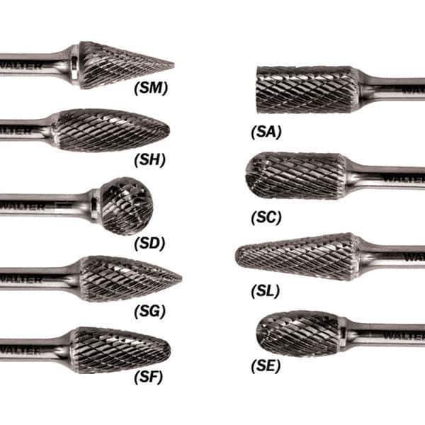 WALTER Surface Technologies - 5/16" Cut Diam, 1/4" Shank Diam, Flame Head Double Cut Burr - Carbide, 3/4" LOC - USA Tool & Supply
