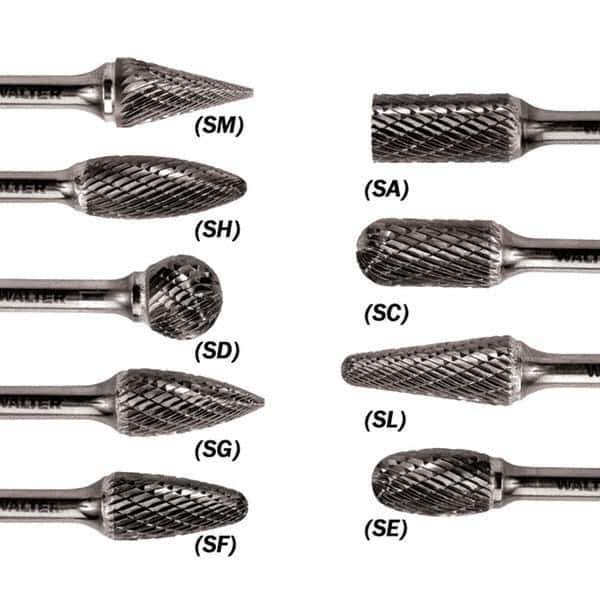 WALTER Surface Technologies - 1/2" Cut Diam, 1/4" Shank Diam, Ball Head Double Cut Burr - Carbide, 7/16" LOC - USA Tool & Supply