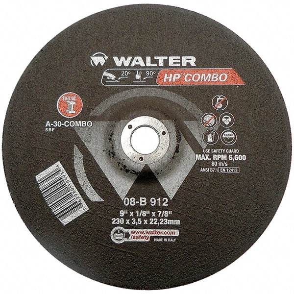 WALTER Surface Technologies - 30 Grit, 9" Wheel Diam, 1/8" Wheel Thickness, 7/8" Arbor Hole, Type 27 Depressed Center Wheel - Aluminum Oxide, Resinoid Bond, 6,600 Max RPM - USA Tool & Supply