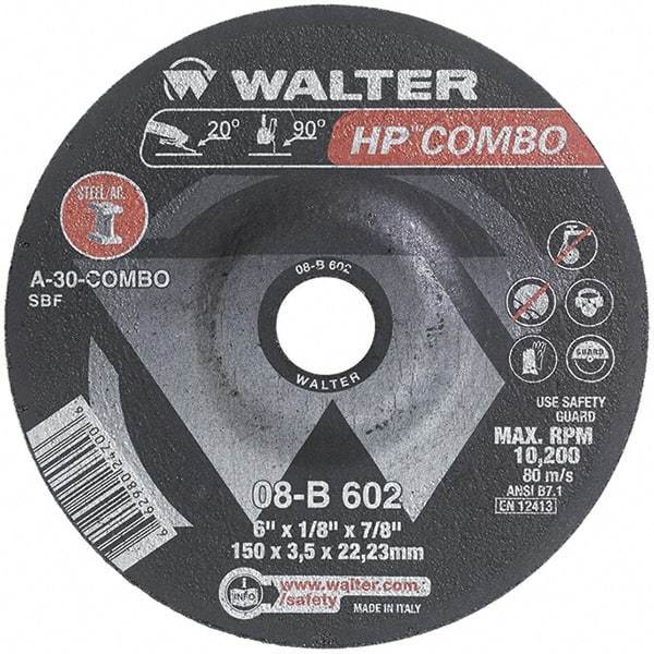 WALTER Surface Technologies - 30 Grit, 6" Wheel Diam, 1/8" Wheel Thickness, 7/8" Arbor Hole, Type 27 Depressed Center Wheel - Aluminum Oxide, Resinoid Bond, 10,200 Max RPM - USA Tool & Supply