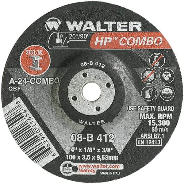 WALTER Surface Technologies - 24 Grit, 4" Wheel Diam, 1/8" Wheel Thickness, 3/8" Arbor Hole, Type 27 Depressed Center Wheel - Aluminum Oxide, Resinoid Bond, 15,000 Max RPM - USA Tool & Supply