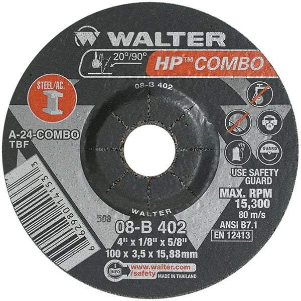 WALTER Surface Technologies - 24 Grit, 4" Wheel Diam, 1/8" Wheel Thickness, 5/8" Arbor Hole, Type 27 Depressed Center Wheel - Aluminum Oxide, Resinoid Bond, 15,000 Max RPM - USA Tool & Supply