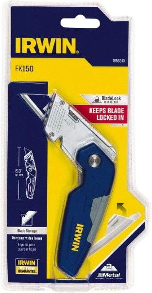Irwin - Fixed Folding Utility Knife - Metal Handle, 3 Blades Included - USA Tool & Supply