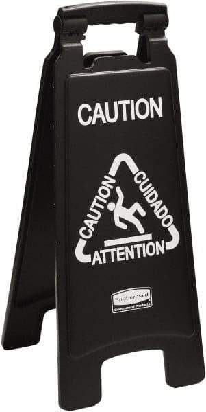 Rubbermaid - Attention/Caution/Cuidado, 11" Wide x 25" High, Polypropylene Floor Sign - English/French/Spanish, A-Frame, White on Black, For Accident Prevention - USA Tool & Supply