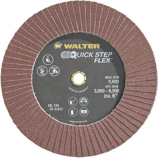 WALTER Surface Technologies - 120 Grit, 6" Disc Diam, Aluminum Oxide Flap Disc - 8,600 Max RPM, Fiber Backing, Hook & Loop Attaching System, Coated - USA Tool & Supply