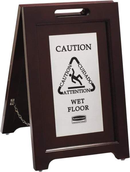Rubbermaid - Attention/, Caution/, Cuidado/, Wet Floor, 15-1/8" Wide x 22" High, Wood Floor Sign - English/French/Spanish, A-Frame, Black on Silver, For Accident Prevention - USA Tool & Supply