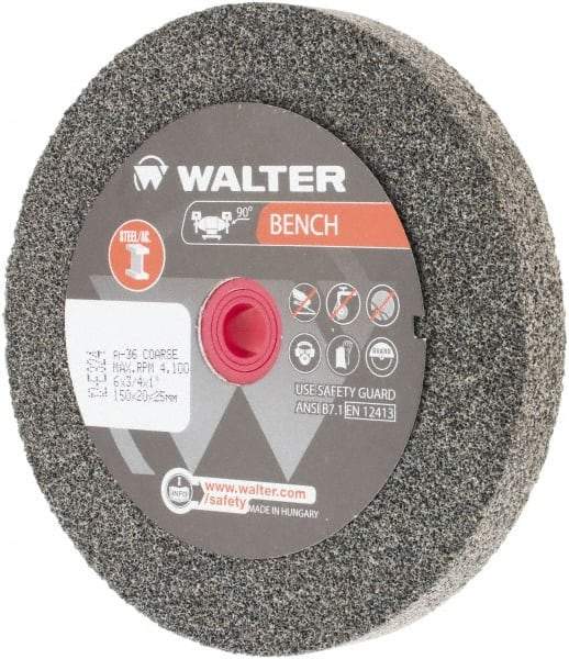 WALTER Surface Technologies - 36 Grit Aluminum Oxide Bench & Pedestal Grinding Wheel - 6" Diam x 1" Hole x 3/4" Thick, 4100 Max RPM, Coarse Grade, Vitrified Bond - USA Tool & Supply
