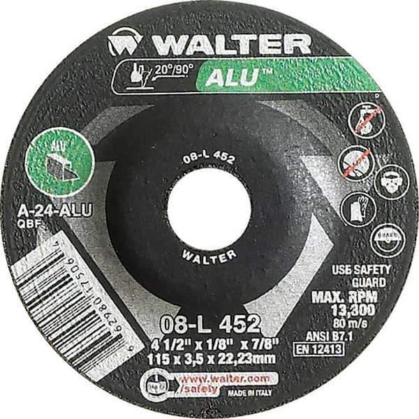 WALTER Surface Technologies - 24 Grit, 4-1/2" Wheel Diam, 1/8" Wheel Thickness, 7/8" Arbor Hole, Type 27 Depressed Center Wheel - Aluminum Oxide, Resinoid Bond, 13,300 Max RPM - USA Tool & Supply
