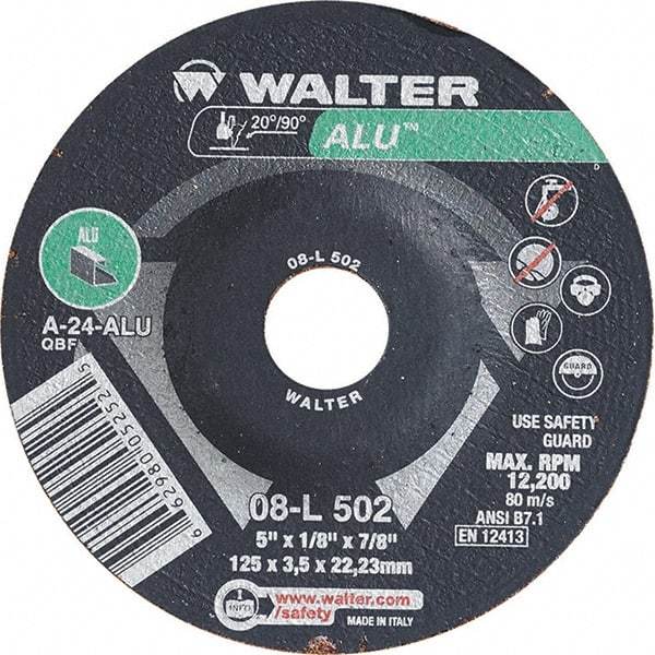 WALTER Surface Technologies - 24 Grit, 5" Wheel Diam, 1/8" Wheel Thickness, 7/8" Arbor Hole, Type 27 Depressed Center Wheel - Aluminum Oxide, Resinoid Bond, 12,200 Max RPM - USA Tool & Supply