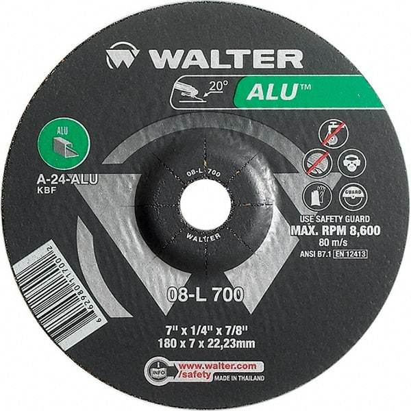 WALTER Surface Technologies - 24 Grit, 7" Wheel Diam, 1/4" Wheel Thickness, 7/8" Arbor Hole, Type 27 Depressed Center Wheel - Aluminum Oxide, Resinoid Bond, 8,600 Max RPM - USA Tool & Supply