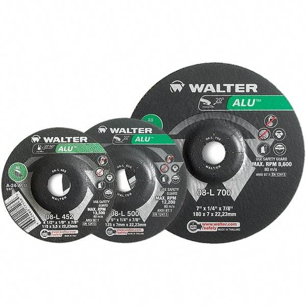 WALTER Surface Technologies - 24 Grit, 7" Wheel Diam, 1/4" Wheel Thickness, Type 27 Depressed Center Wheel - Aluminum Oxide, Resinoid Bond, 8,600 Max RPM - USA Tool & Supply