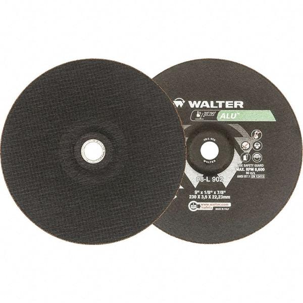 WALTER Surface Technologies - 24 Grit, 9" Wheel Diam, 1/8" Wheel Thickness, 7/8" Arbor Hole, Type 27 Depressed Center Wheel - Aluminum Oxide, Resinoid Bond, 6,600 Max RPM - USA Tool & Supply
