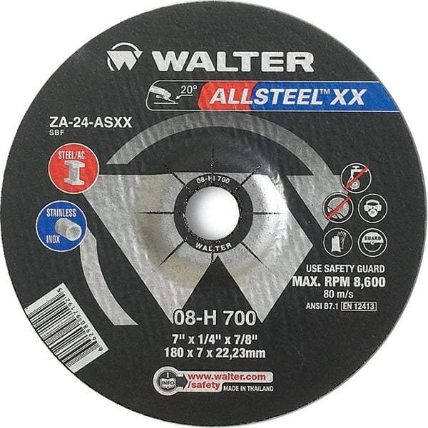 WALTER Surface Technologies - 24 Grit, 7" Wheel Diam, 1/8" Wheel Thickness, 7/8" Arbor Hole, Type 27 Depressed Center Wheel - Aluminum Oxide, Resinoid Bond, 8,600 Max RPM - USA Tool & Supply