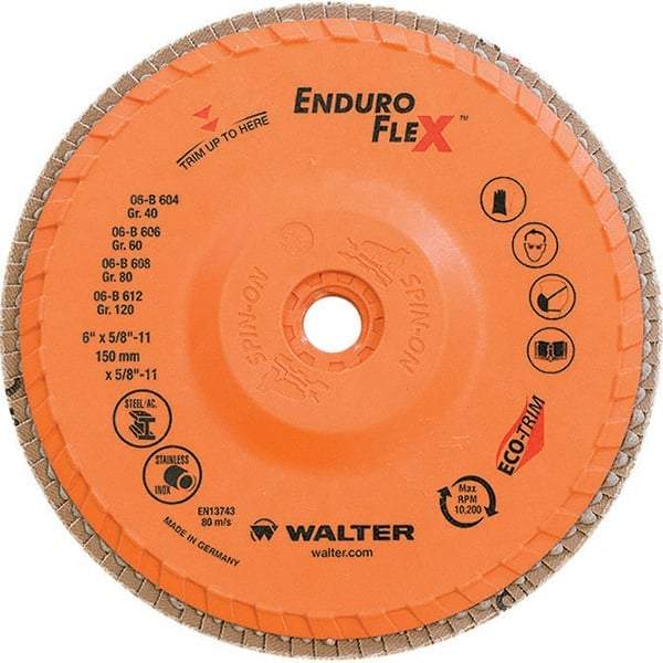 WALTER Surface Technologies - 80 Grit, 6" Disc Diam, 5/8-11 Center Hole, Type 28 Ceramic Flap Disc - 10,200 Max RPM, Plastic Backing, Arbor Attaching System, Coated - USA Tool & Supply