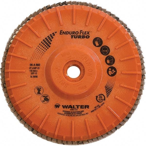 WALTER Surface Technologies - 36 & 60 Grit, 6" Disc Diam, 5/8-11 Center Hole, Type 28 Ceramic Flap Disc - 10,200 Max RPM, Plastic Backing, Arbor Attaching System, Coated - USA Tool & Supply
