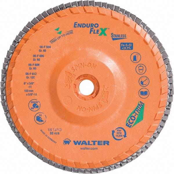 WALTER Surface Technologies - 40 Grit, 6" Disc Diam, 5/8-11 Center Hole, Type 28 Ceramic Flap Disc - 10,200 Max RPM, Plastic Backing, Arbor Attaching System, Coated - USA Tool & Supply