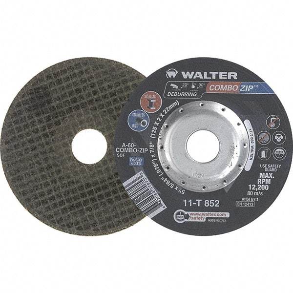 WALTER Surface Technologies - 60 Grit, 5" Wheel Diam, 5/64" Wheel Thickness, 7/8" Arbor Hole, Type 27 Depressed Center Wheel - 12,200 Max RPM - USA Tool & Supply