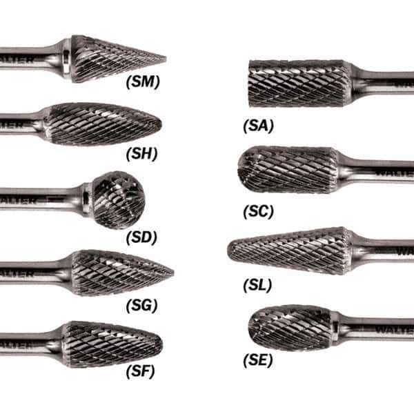 WALTER Surface Technologies - 3/8" Cut Diam, 1/4" Shank Diam, Taper Head Double Cut Burr - Carbide, 3/4" LOC - USA Tool & Supply