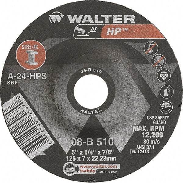 WALTER Surface Technologies - 24 Grit, 5" Wheel Diam, 1/4" Wheel Thickness, 7/8" Arbor Hole, Type 27 Depressed Center Wheel - Aluminum Oxide, Resinoid Bond, 12,200 Max RPM - USA Tool & Supply