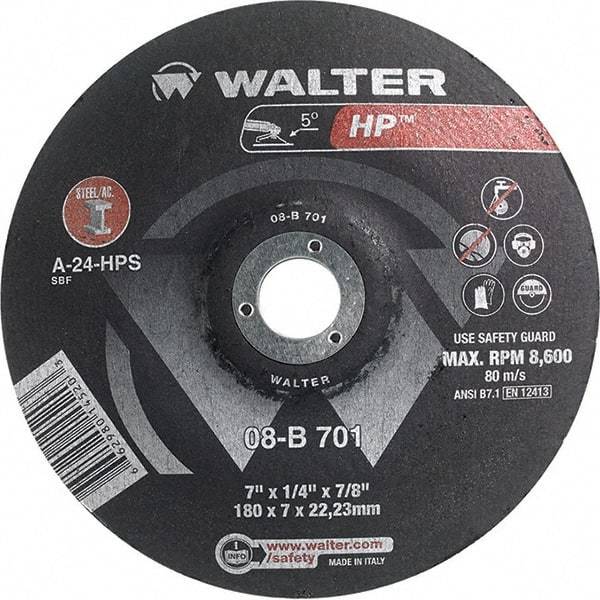 WALTER Surface Technologies - 24 Grit, 7" Wheel Diam, 1/4" Wheel Thickness, 7/8" Arbor Hole, Type 28 Depressed Center Wheel - Aluminum Oxide, Resinoid Bond, 8,600 Max RPM - USA Tool & Supply