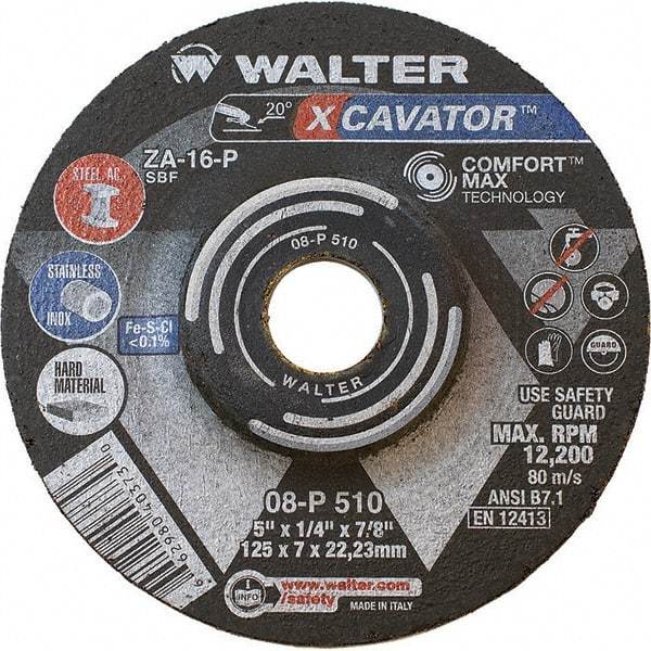WALTER Surface Technologies - 16 Grit, 5" Wheel Diam, 1/4" Wheel Thickness, 7/8" Arbor Hole, Type 27 Depressed Center Wheel - Aluminum Oxide, Resinoid Bond, 12,200 Max RPM - USA Tool & Supply