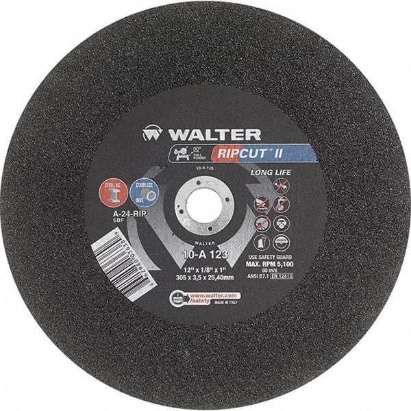 WALTER Surface Technologies - 12" 24 Grit Aluminum Oxide Cutoff Wheel - 1/8" Thick, 1" Arbor, 5,100 Max RPM, Use with Stationary Tools - USA Tool & Supply