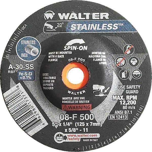 WALTER Surface Technologies - 30 Grit, 5" Wheel Diam, 1/4" Wheel Thickness, Type 27 Depressed Center Wheel - Aluminum Oxide, Resinoid Bond, 12,200 Max RPM - USA Tool & Supply