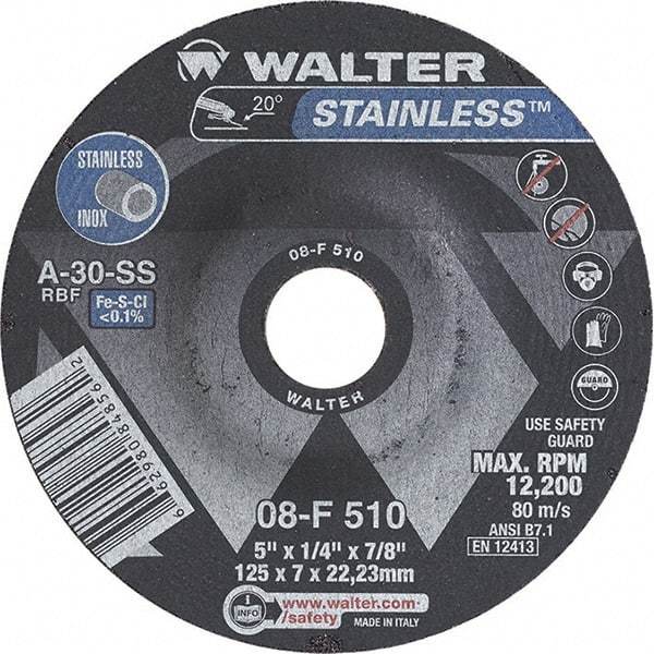 WALTER Surface Technologies - 30 Grit, 5" Wheel Diam, 1/4" Wheel Thickness, 7/8" Arbor Hole, Type 27 Depressed Center Wheel - Aluminum Oxide, Resinoid Bond, 12,200 Max RPM - USA Tool & Supply