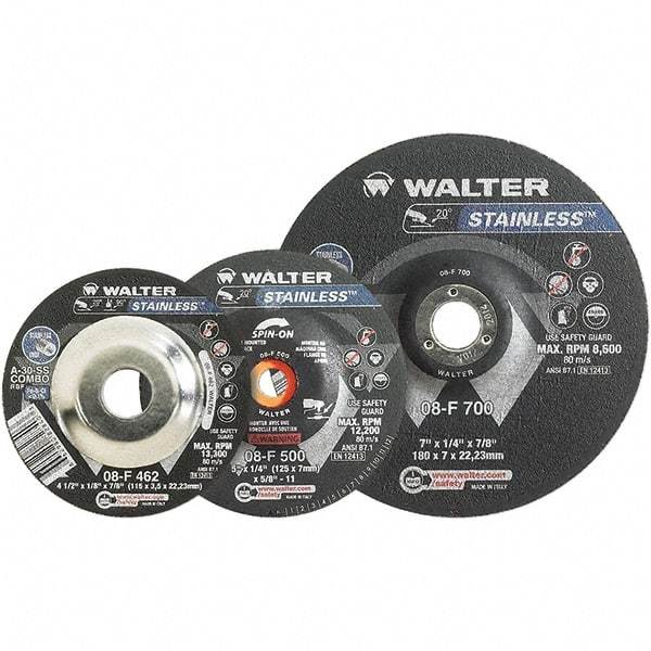 WALTER Surface Technologies - 30 Grit, 6" Wheel Diam, 1/8" Wheel Thickness, 7/8" Arbor Hole, Type 27 Depressed Center Wheel - Aluminum Oxide, Resinoid Bond, 10,200 Max RPM - USA Tool & Supply