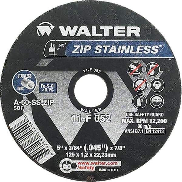 WALTER Surface Technologies - 5" 60 Grit Aluminum Oxide/Silicon Carbide Blend Cutoff Wheel - 3/64" Thick, 7/8" Arbor, 12,200 Max RPM, Use with Angle Grinders - USA Tool & Supply