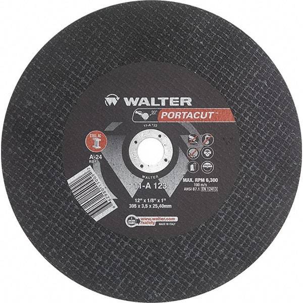 WALTER Surface Technologies - 12" 24 Grit Aluminum Oxide Cutoff Wheel - 1/8" Thick, 1" Arbor, 6,300 Max RPM, Use with Electric & Gas Powered Saws - USA Tool & Supply