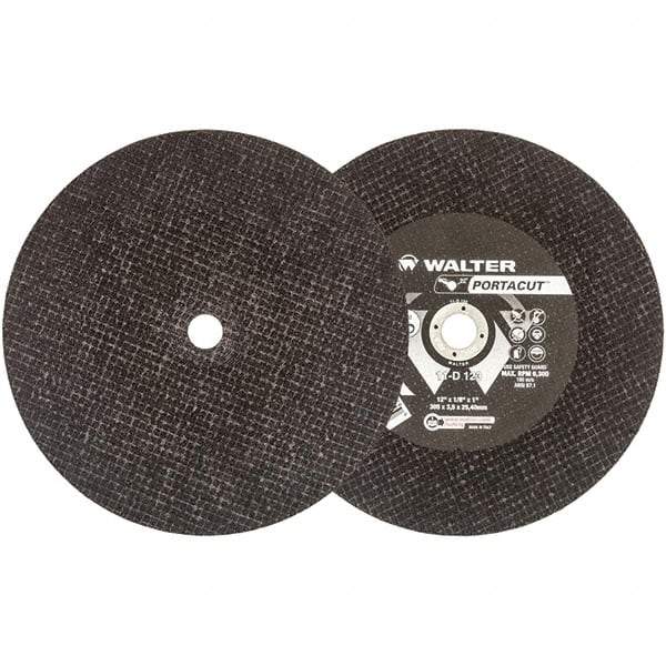 WALTER Surface Technologies - 12" 24 Grit Aluminum Oxide Cutoff Wheel - 1/8" Thick, 1" Arbor, 6,300 Max RPM, Use with Electric & Gas Powered Saws - USA Tool & Supply