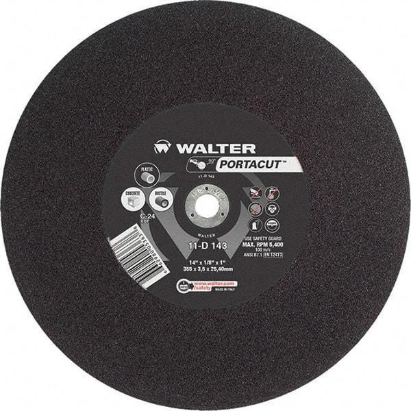 WALTER Surface Technologies - 14" 24 Grit Aluminum Oxide Cutoff Wheel - 1/8" Thick, 1" Arbor, 5,400 Max RPM, Use with Electric & Gas Powered Saws - USA Tool & Supply