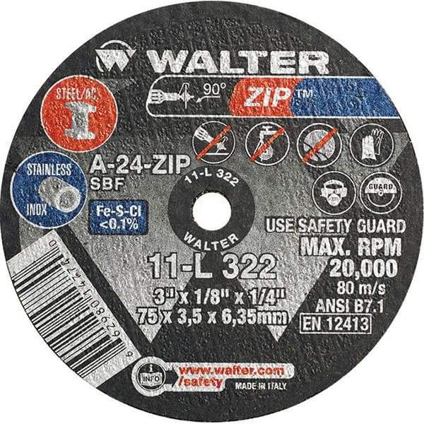 WALTER Surface Technologies - 3" 24 Grit Aluminum Oxide Cutoff Wheel - 1/8" Thick, 1/4" Arbor, 25,470 Max RPM, Use with Die Grinders - USA Tool & Supply
