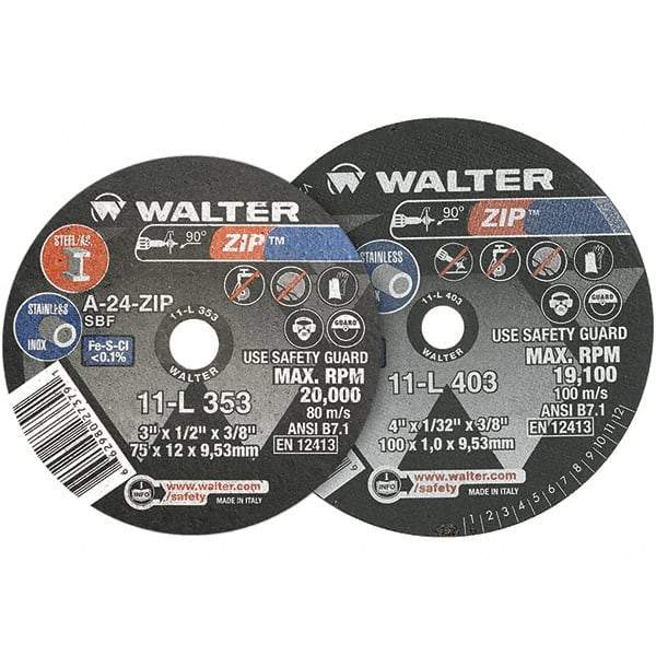 WALTER Surface Technologies - 3" 24 Grit Aluminum Oxide Cutoff Wheel - 1/8" Thick, 3/8" Arbor, 25,470 Max RPM, Use with Die Grinders - USA Tool & Supply