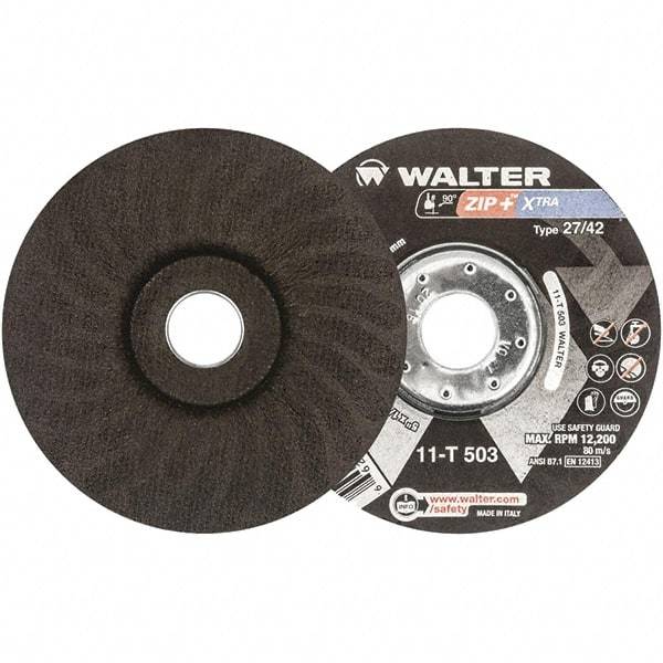 WALTER Surface Technologies - 46 Grit, 5" Wheel Diam, 1/16" Wheel Thickness, 7/8" Arbor Hole, Type 27 Depressed Center Wheel - Aluminum Oxide, Resinoid Bond, 12,200 Max RPM - USA Tool & Supply