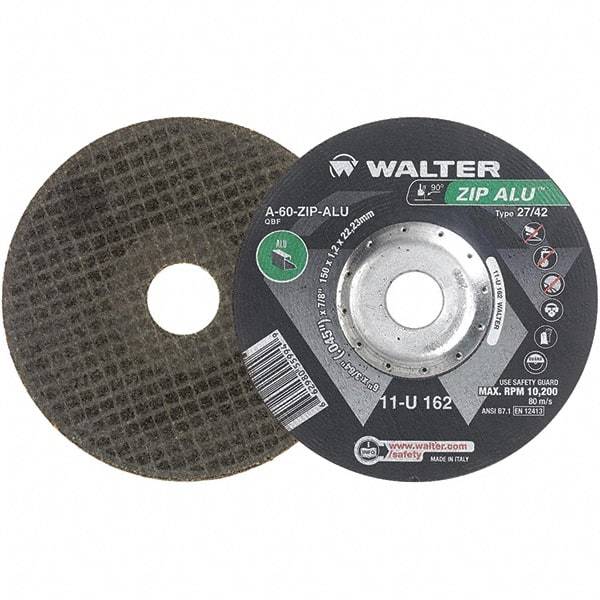 WALTER Surface Technologies - 60 Grit, 6" Wheel Diam, 3/64" Wheel Thickness, 7/8" Arbor Hole, Type 27 Depressed Center Wheel - Aluminum Oxide, Resinoid Bond, 10,200 Max RPM - USA Tool & Supply