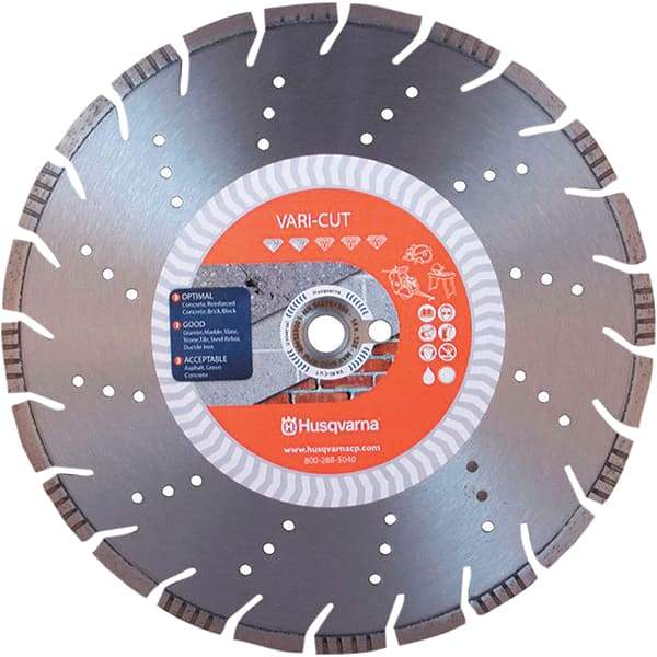 Husqvarna - 14" Diam, 25/32 & 1" Arbor Hole Diam, Continuous Edge Tooth Wet & Dry Cut Saw Blade - Diamond-Tipped, General Purpose Action, Standard Round Arbor - USA Tool & Supply