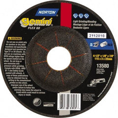 Norton - 60 Grit, 4-1/2" Wheel Diam, 1/8" Wheel Thickness, 7/8" Arbor Hole, Type 27 Depressed Center Wheel - Aluminum Oxide, 12,000 Max RPM - USA Tool & Supply