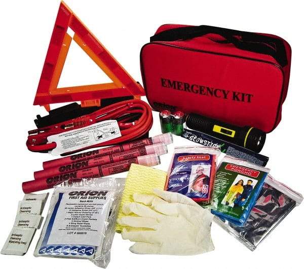 ORION Safety - 79 Piece, Emergency Roadside Safety Kit - Emergency Flares, Reflective Triangle, Flashlight, Batteries, Lightstick, Vest, Poncho, Shop Cloth, Jumper Cable, Multi-Tool, Thermal Blanket, Toweletes & First Aid Supplies - USA Tool & Supply