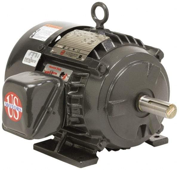 US Motors - 5 hp, TEFC Enclosure, No Thermal Protection, 885 RPM, 208-230/460 Volt, 60 Hz, Three Phase Energy Efficient Motor - Size 254 Frame, Rigid Mount, 1 Speed, Ball Bearings, 16.4-15.4/7.7 Full Load Amps, F Class Insulation, Reversible - USA Tool & Supply