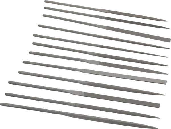 Grobet - 12 Piece Swiss Pattern File Set - 5-1/2" Long, 0 Coarseness, Set Includes Barrette, Crossing, Equalling, Half Round, Knife, Marking, Round, Round Edge Joint, Slitting, Square, Three Square, Warding - USA Tool & Supply