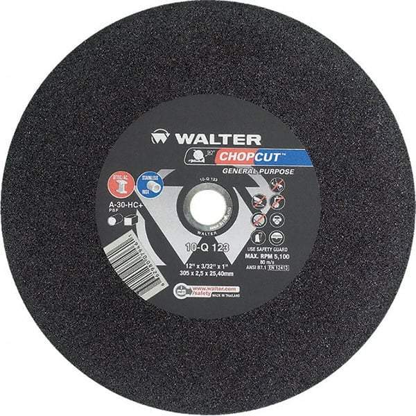 WALTER Surface Technologies - 12" 30 Grit Aluminum Oxide Cutoff Wheel - 3/32" Thick, 1" Arbor, 5,100 Max RPM, Use with Chop Saws - USA Tool & Supply