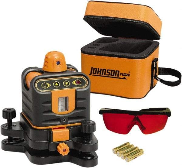 Johnson Level & Tool - 800' (Exterior) Measuring Range, 1/4" at 100' Accuracy, Manual-Leveling Rotary Laser - 150 to 300 RPM, 2 Beams, AA Battery Included - USA Tool & Supply