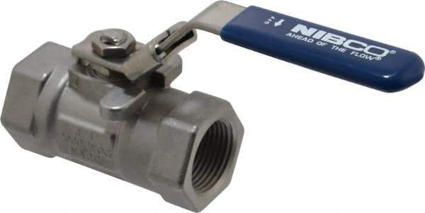 NIBCO - 3/4" Pipe, Reduced Port, Carbon Steel Standard Ball Valve - 1 Piece, Inline - One Way Flow, FNPT x FNPT Ends, Locking Lever Handle, 2,000 WOG - USA Tool & Supply